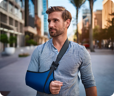 Firefly Photorealistic portrait of man with a broken arm in a sling, not smiling, stood outside in a (1)